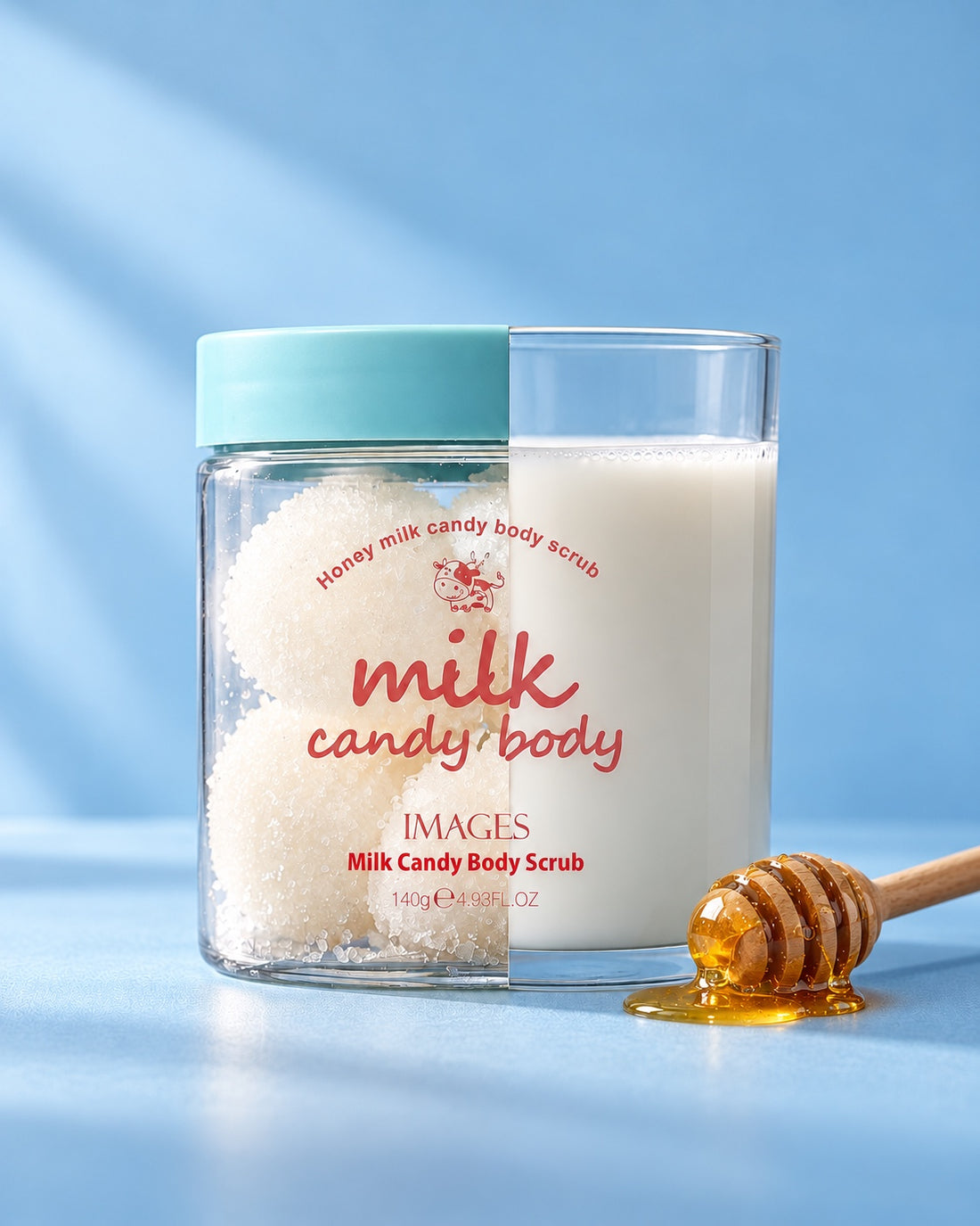 Candy Scrub Milk & Miel, pot et verre de lait